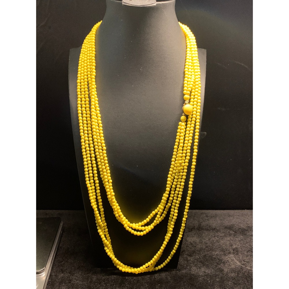 Vintage Japan Multi Strand Yellow Beaded Necklace 5 Row Layered Statement Clasp